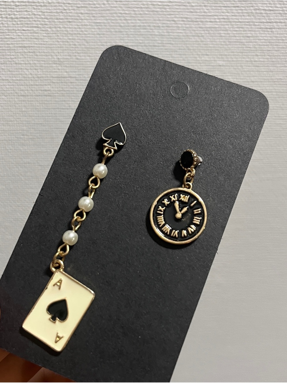 Gold and Black Ace of Spades & Clock Drop Earrings - Women Jewelry